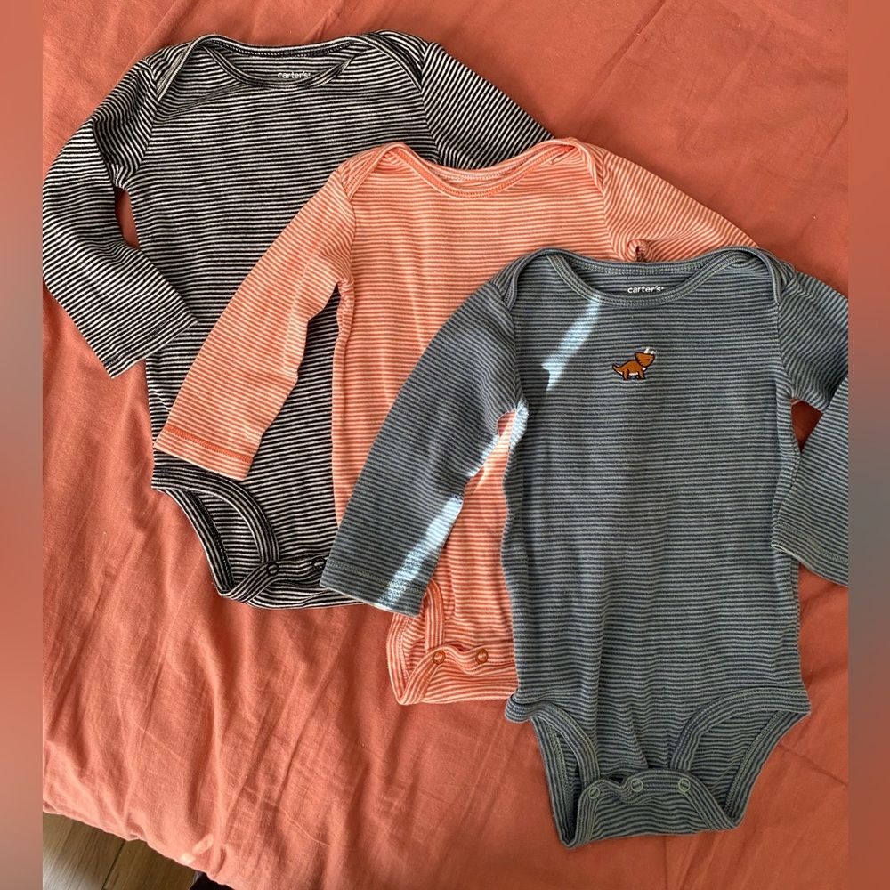 3 Carter’s Striped Long-Sleeve Onesies/Bodysuits Size 12m